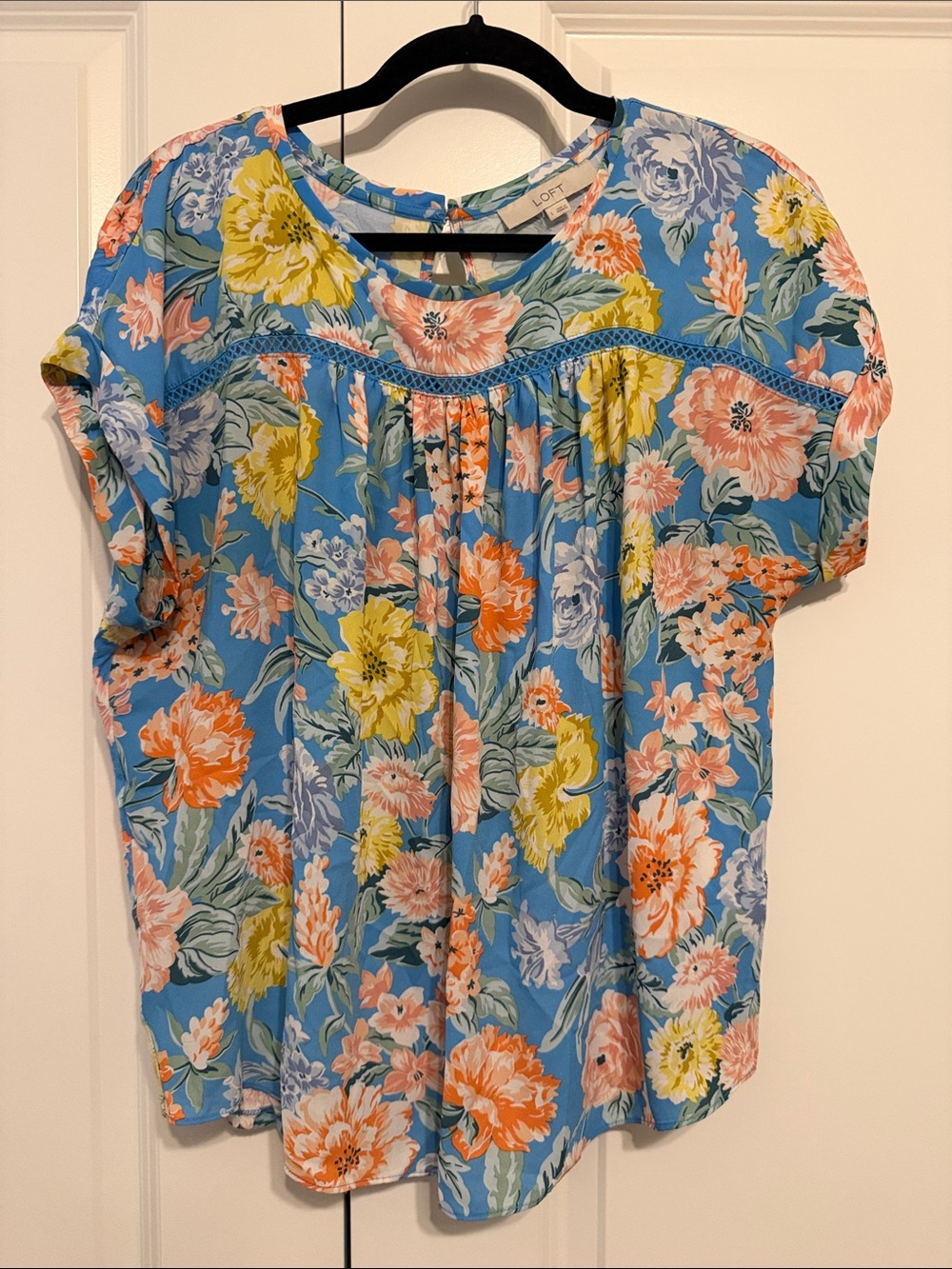 LOFT Blue Floral Short-Sleeve Peasant Blouse